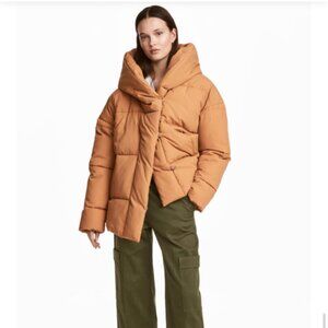 H&M Camel Puffer Jacket Oversized High Collar Short Quilted Size 6